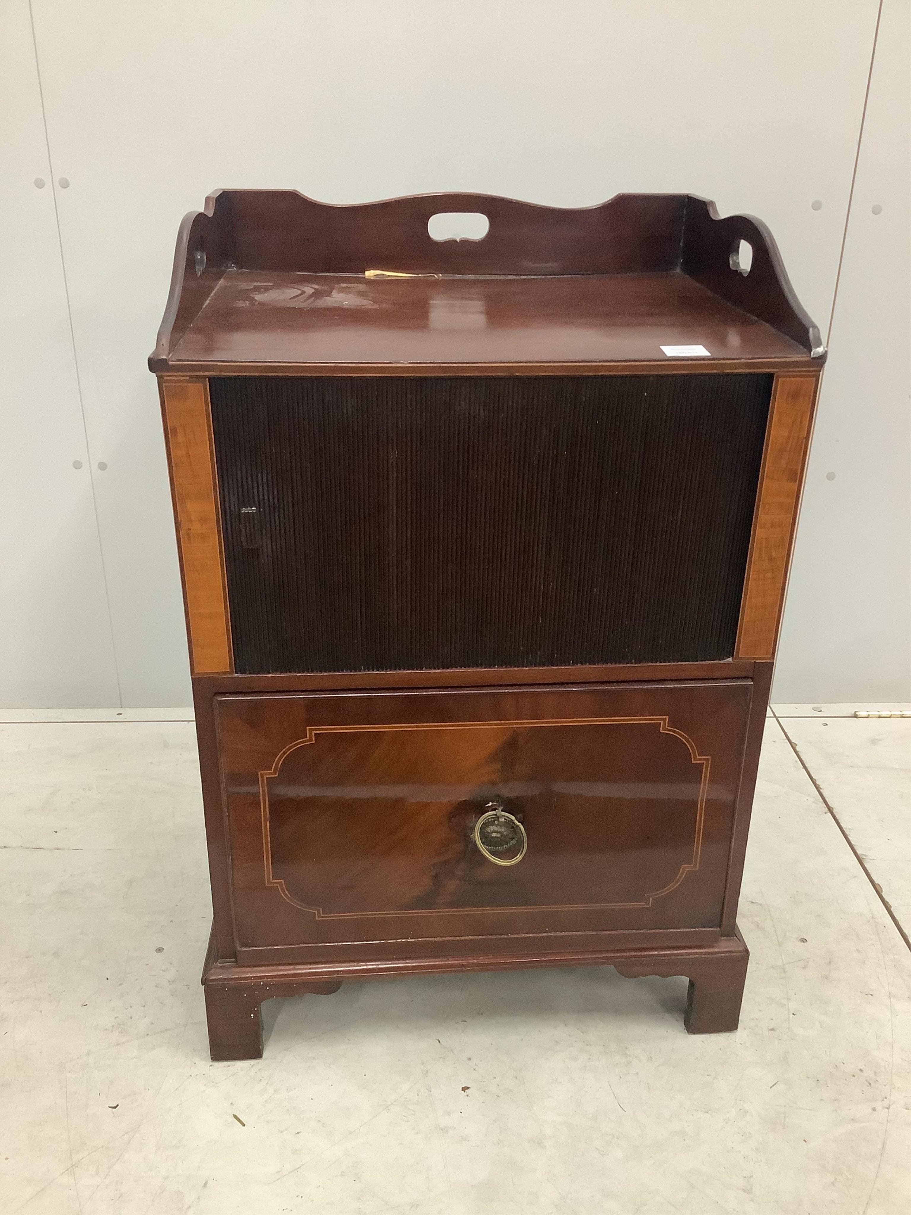 A George III inlaid mahogany tray top commode, width 62cm, height 93cm. Condition - fair